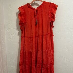 Peach Tiered Ruffle Sleeve Midi Dress